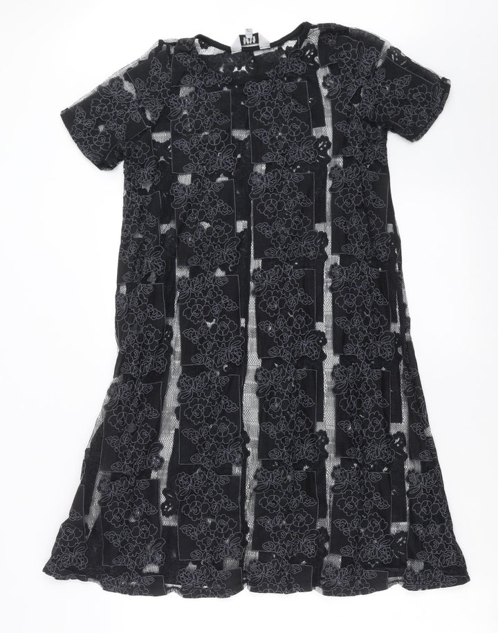 Lola Skye Womens Black Floral T-Shirt Dress Size 8 - Sheer panels