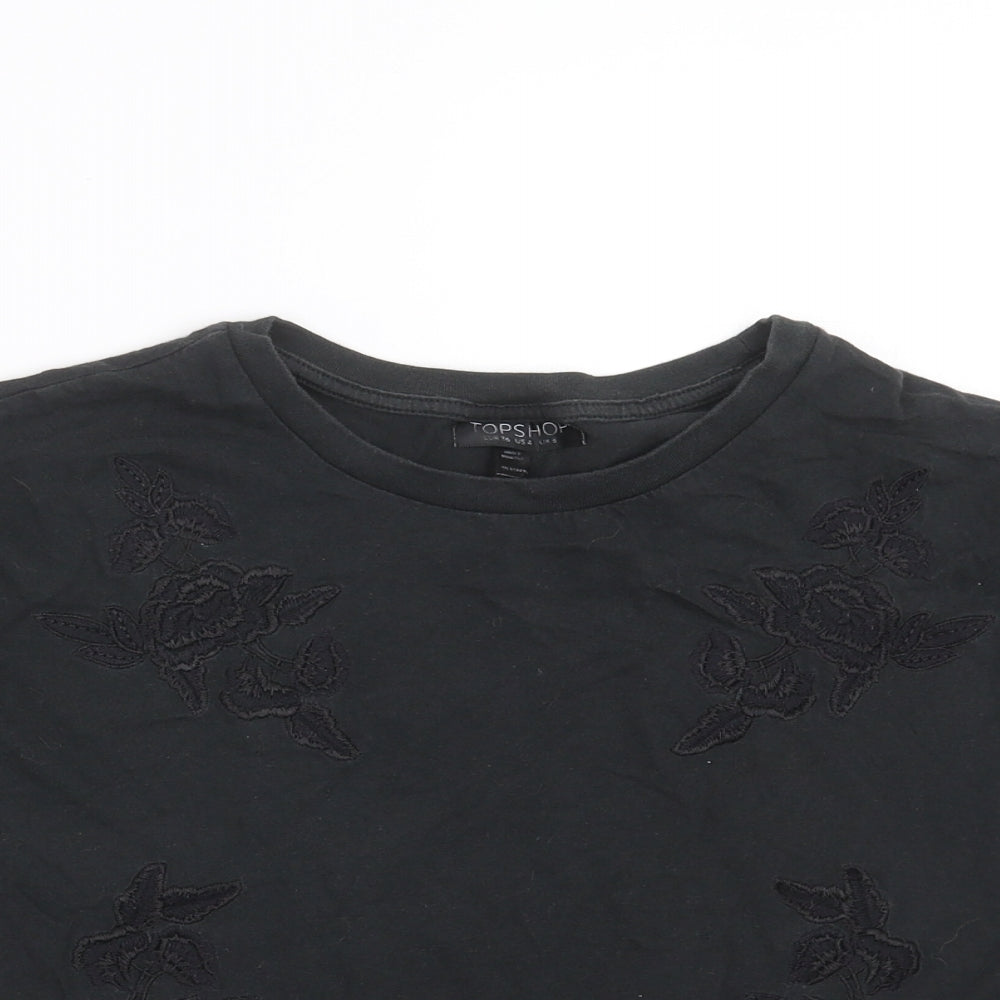 Topshop Womens Black Floral  Basic T-Shirt Size 8  - Floral embroidery