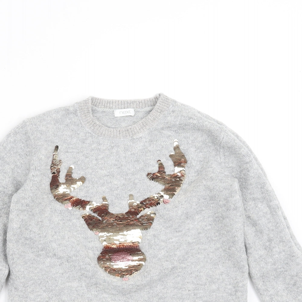 NEXT Girls Grey  Knit Pullover Jumper Size 9 Years  - reindeer