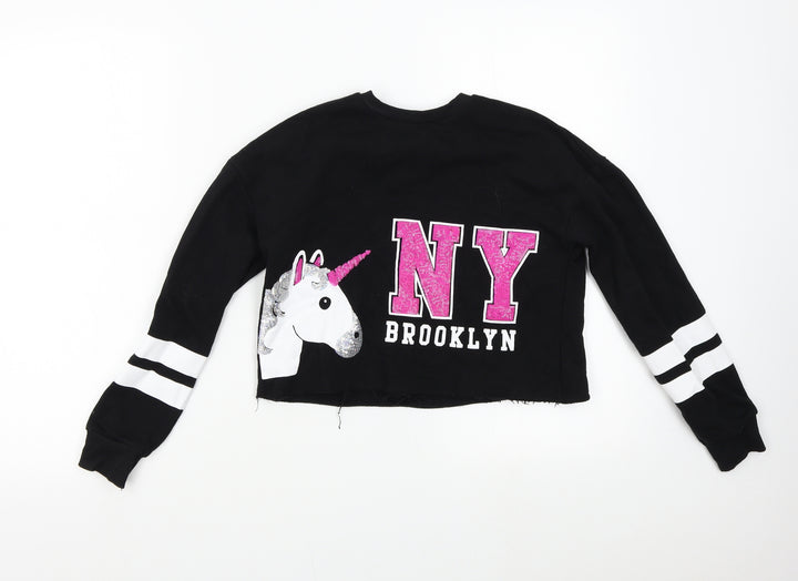 Primark Girls Black   Pullover Sweatshirt Size 10-11 Years  - Unicorn NY Brooklyn