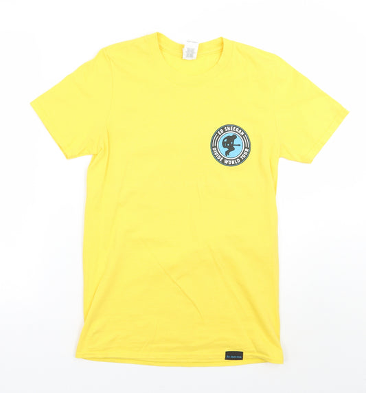 Front view of Gildan women’s yellow basic t-shirt, size S, - ed sheeran divide world tour