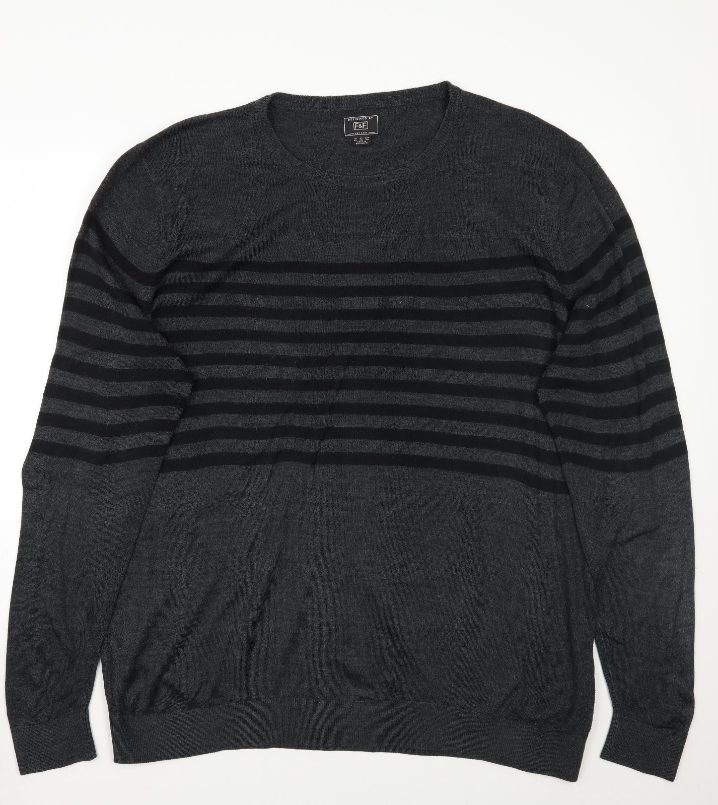 F&F Mens Grey Striped  Pullover Jumper Size 3XL