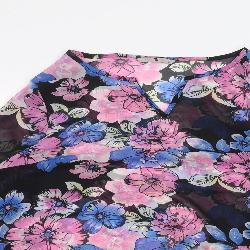 TU Womens Black Floral  Basic Blouse Size 12
