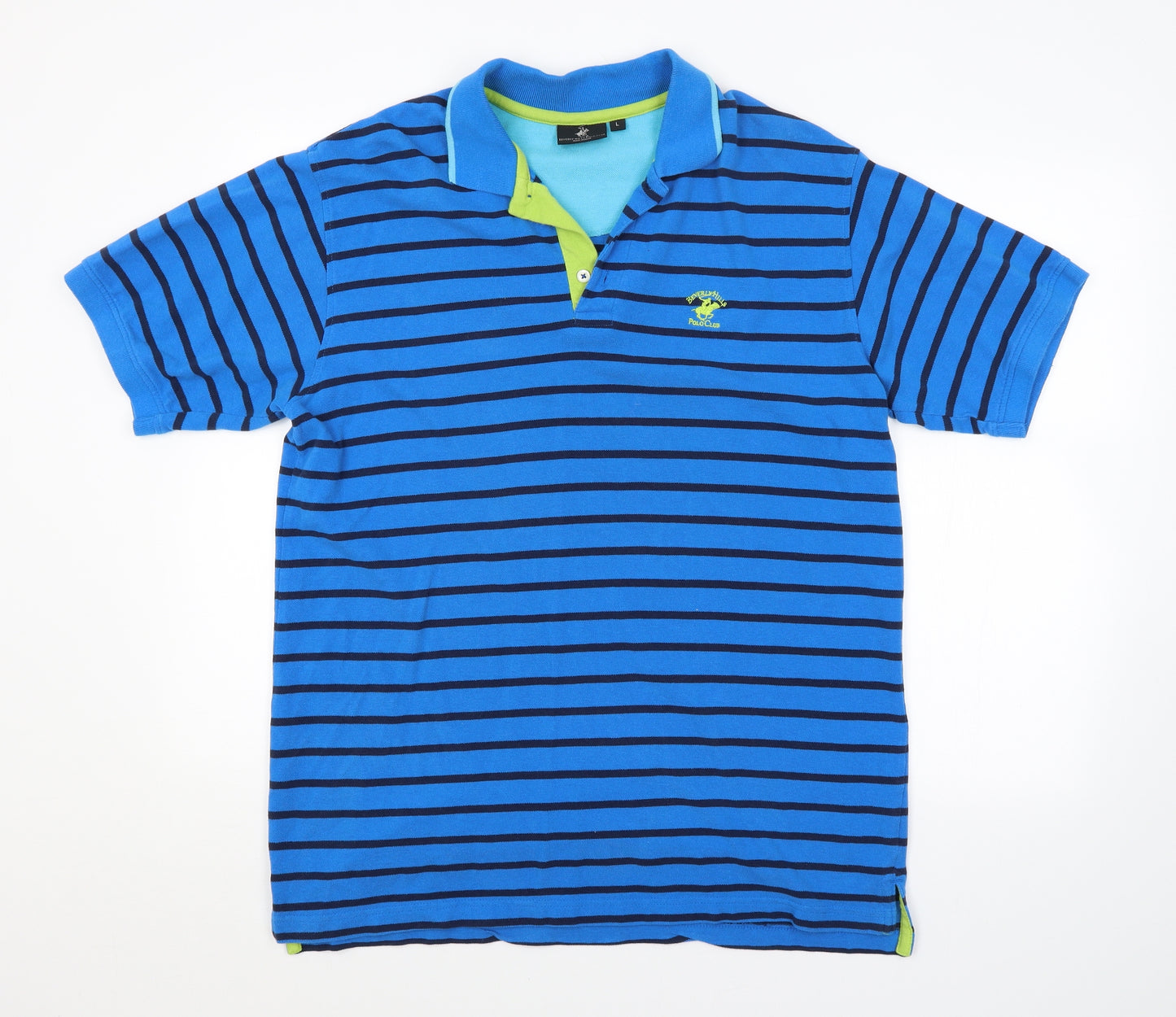 Preworn Mens Blue Striped   Polo Size L  - BEVERLY HILLS POLO CLUB