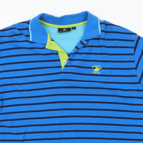 Preworn Mens Blue Striped   Polo Size L  - BEVERLY HILLS POLO CLUB