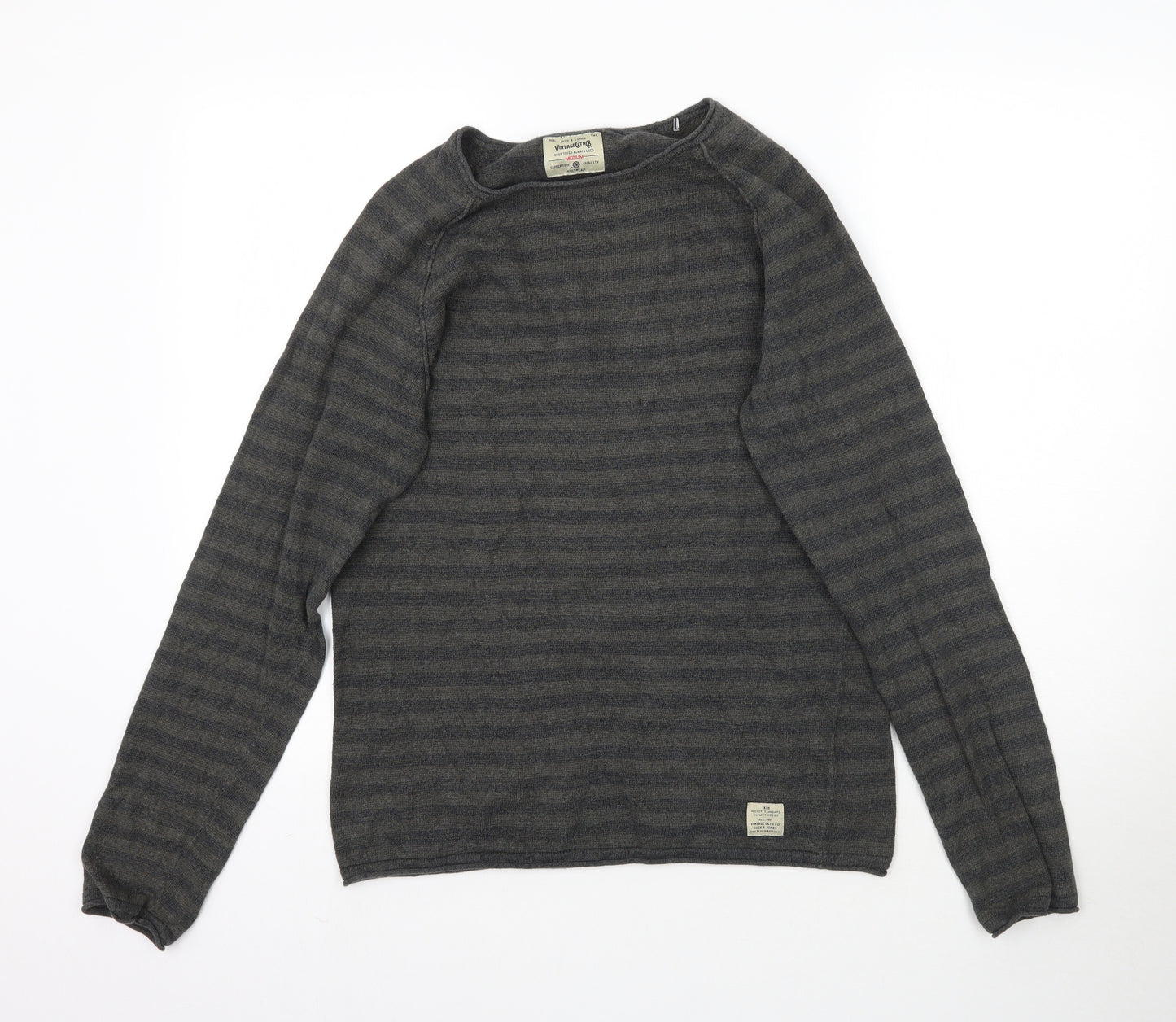 JACK & JONES Mens Grey Striped Knit Pullover Jumper Size M