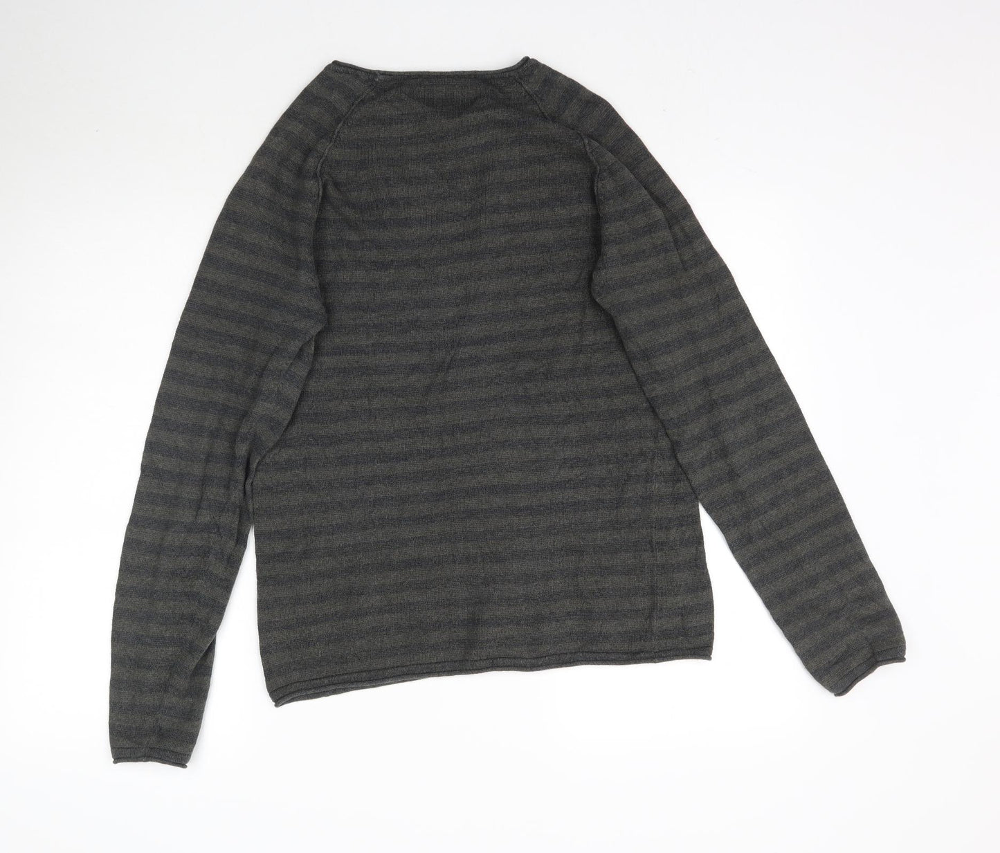 JACK & JONES Mens Grey Striped Knit Pullover Jumper Size M