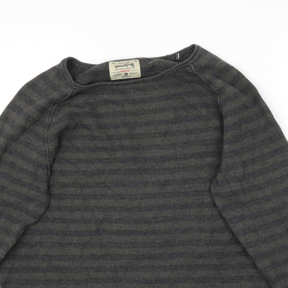 JACK & JONES Mens Grey Striped Knit Pullover Jumper Size M