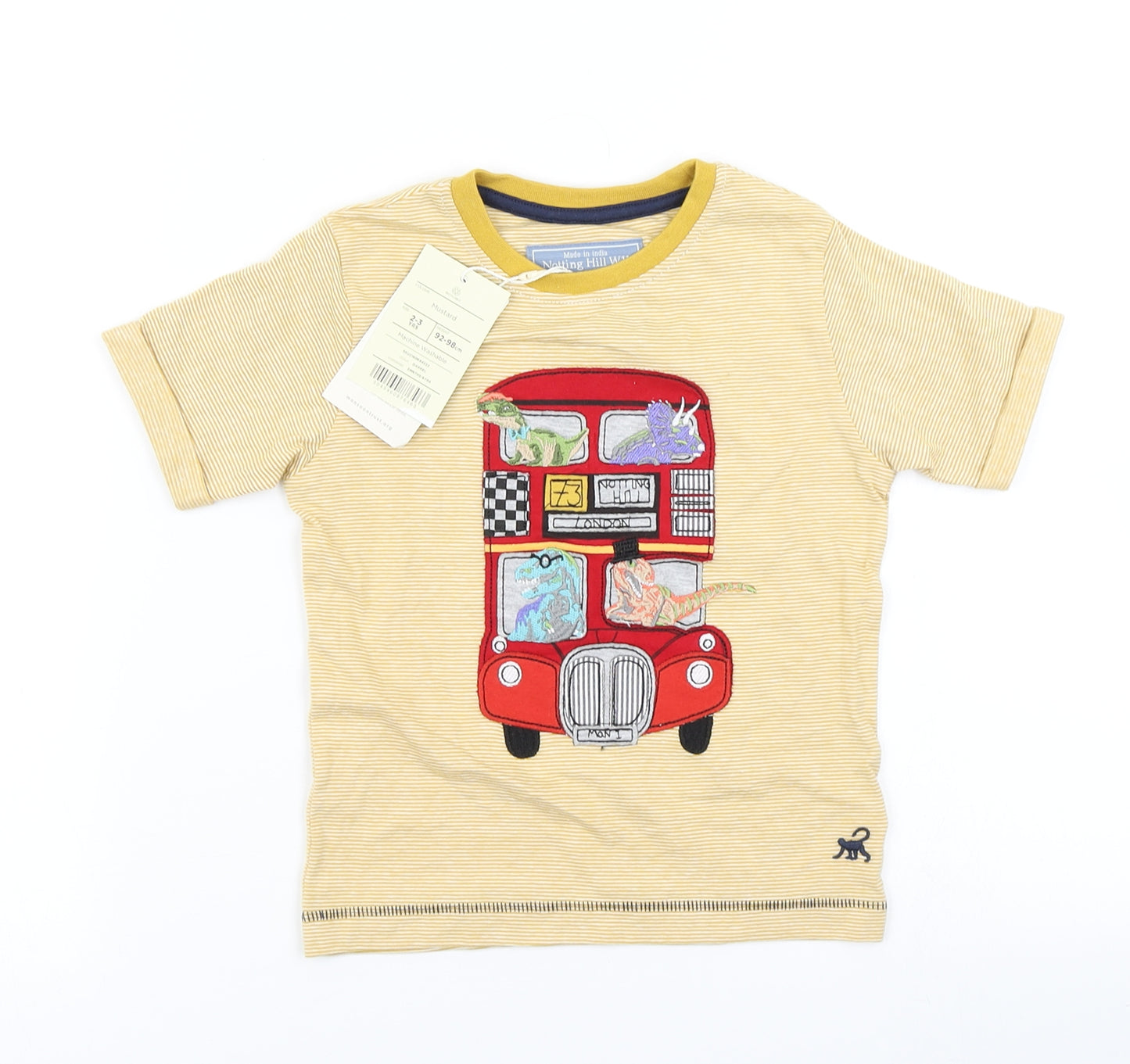 Monsoon Boys Yellow Striped  Basic T-Shirt Size 2-3 Years  - Dinosaurs London bus
