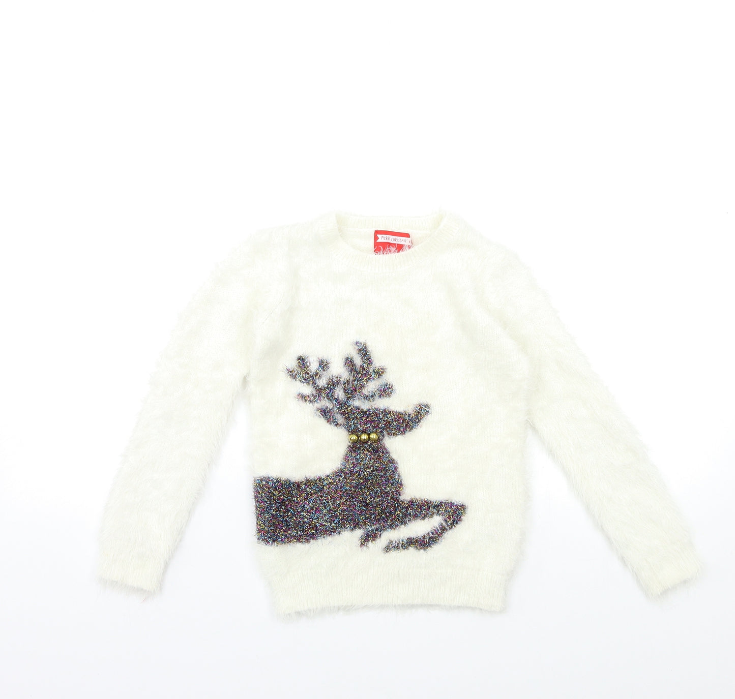George Girls White  Knit Pullover Jumper Size 5-6 Years  - christmas