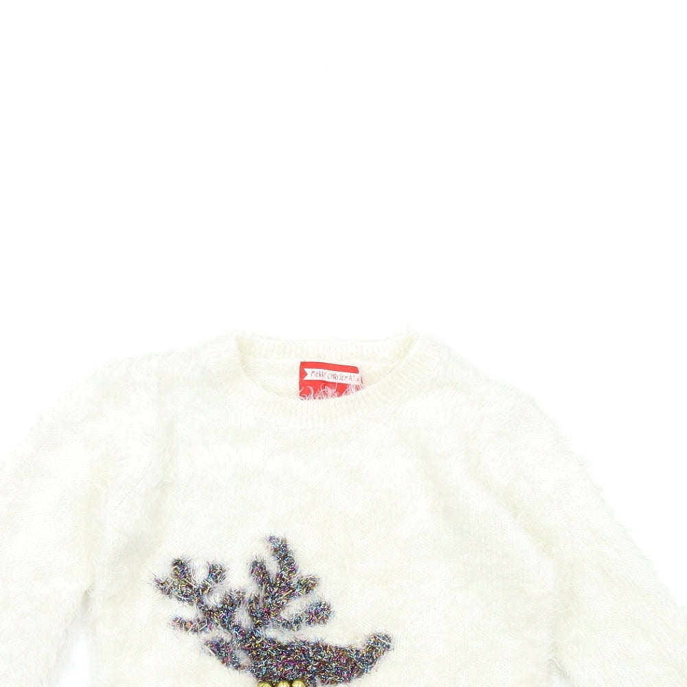 George Girls White  Knit Pullover Jumper Size 5-6 Years  - christmas
