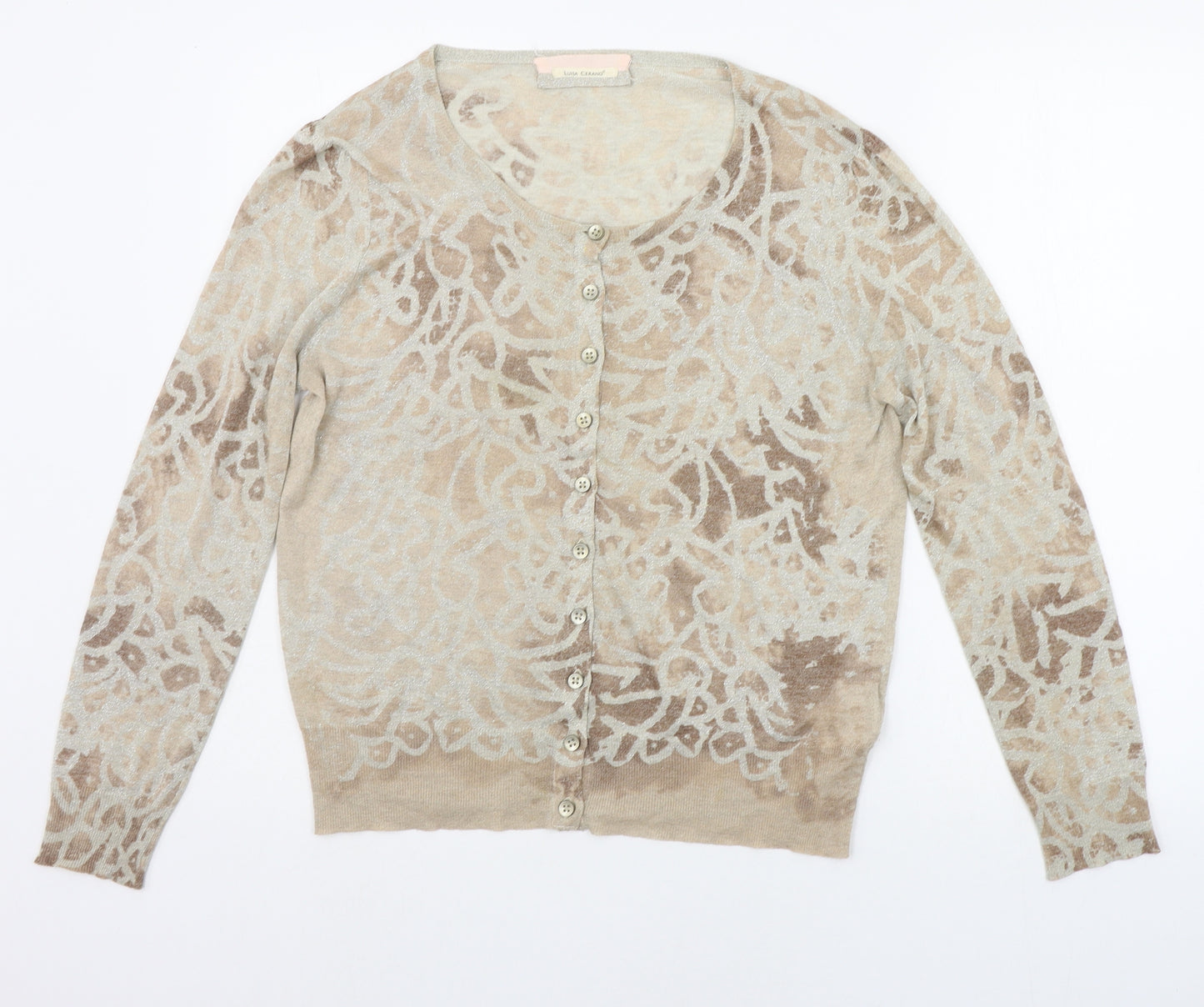 LUISA CERANO Womens Beige Geometric  Cardigan Jumper Size 16