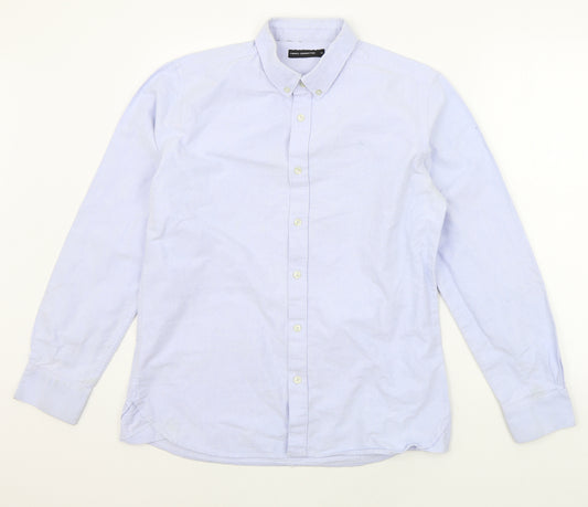 Front view of French Connection men’s blue button-up, size M