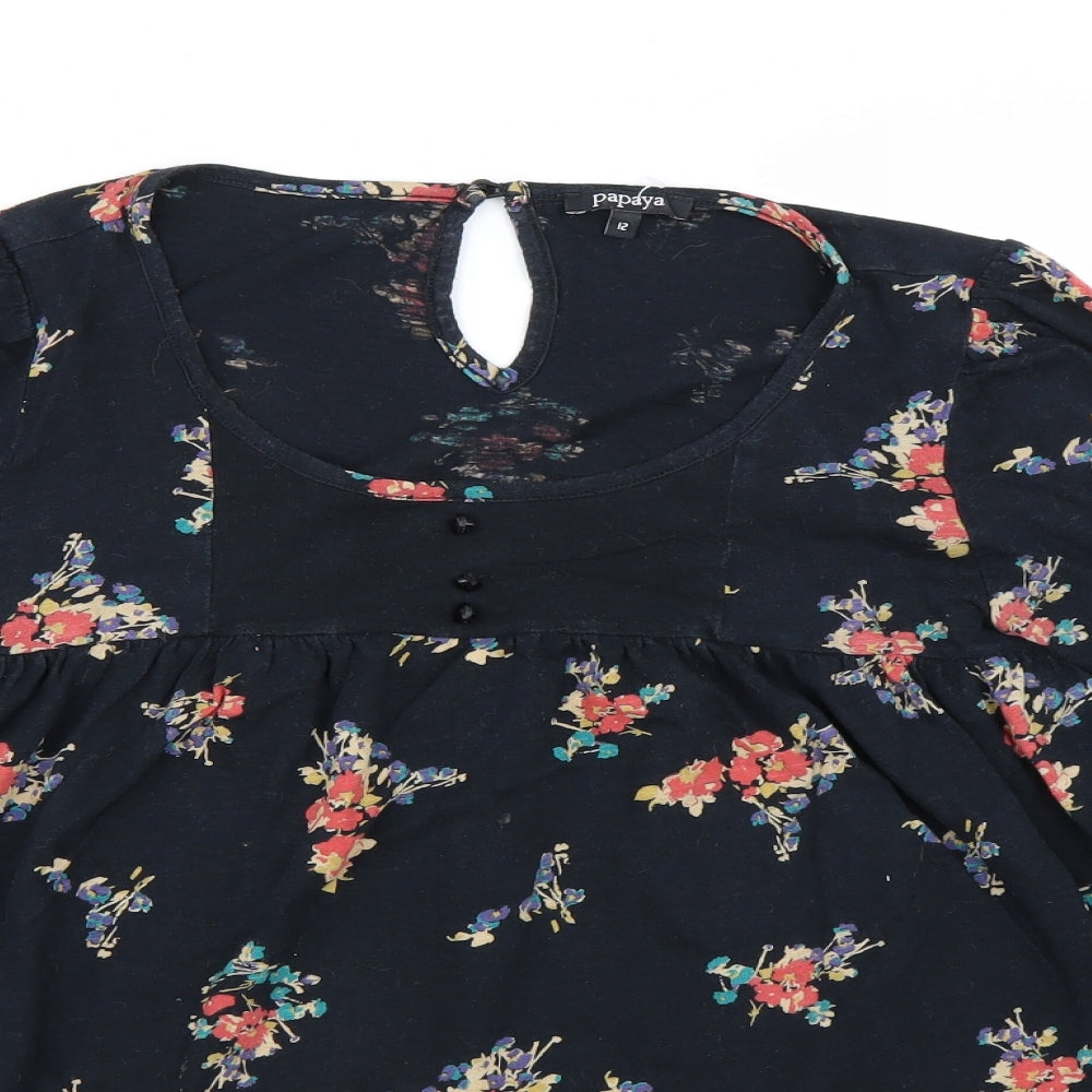 Papaya Womens Black Floral  Basic T-Shirt Size 12