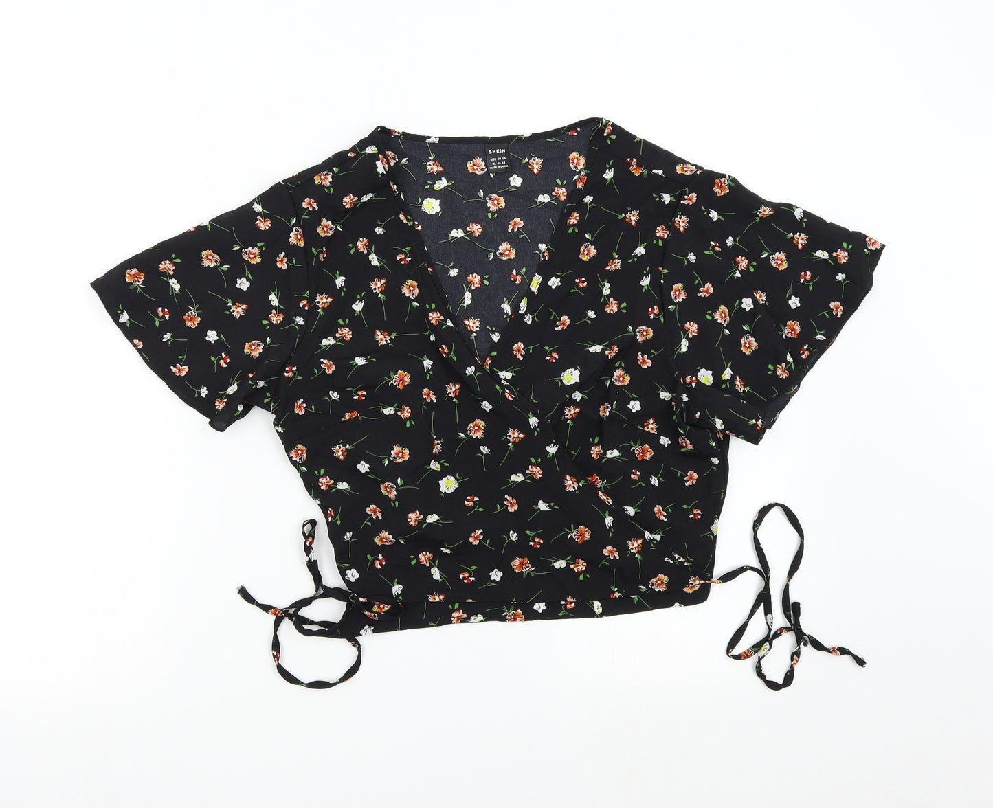 SheIn Womens Black Floral  Wrap Blouse Size XL