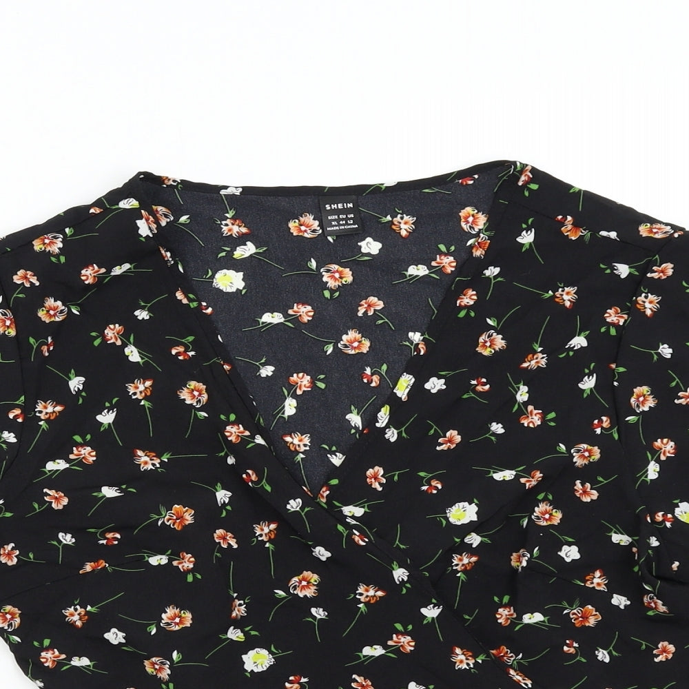 SheIn Womens Black Floral  Wrap Blouse Size XL