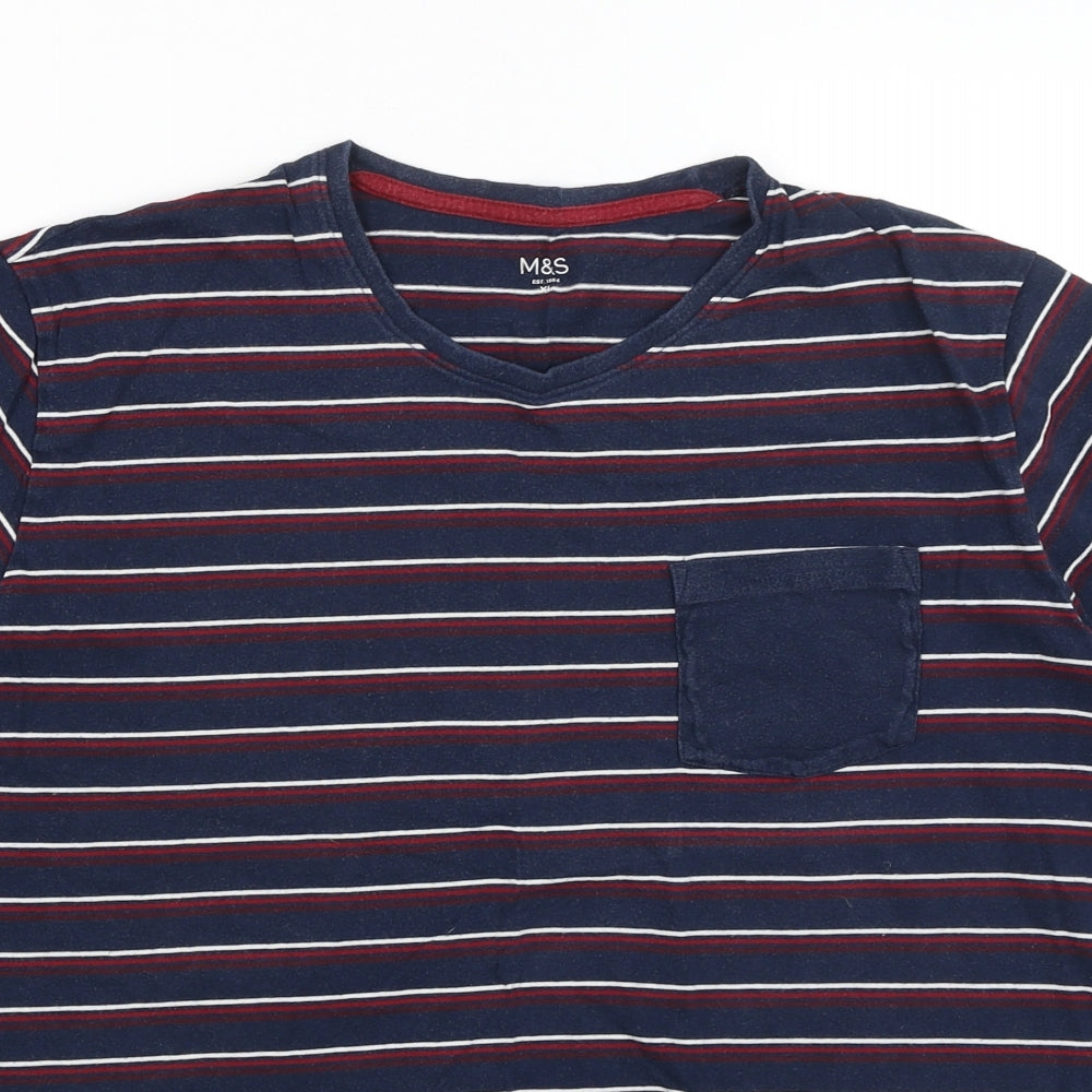M&S Mens Blue Striped   T-Shirt Size XL