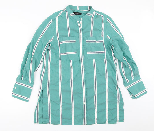 Front view of Marks & Spencer women’s green striped basic button-up, size UK 8