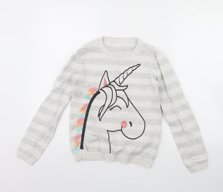 Nutmeg Girls Grey Striped Pullover Jumper Size 12 Years - Unicorn