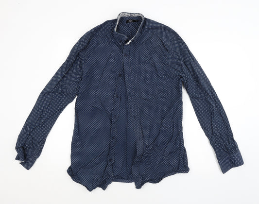 Front view of F&F men’s blue polka dot button-up, size M