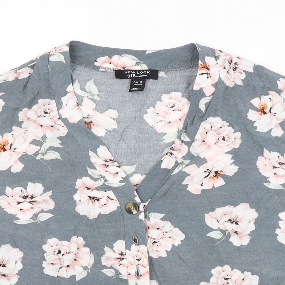 New Look Girls Grey Floral  Basic Button-Up Size 15 Years