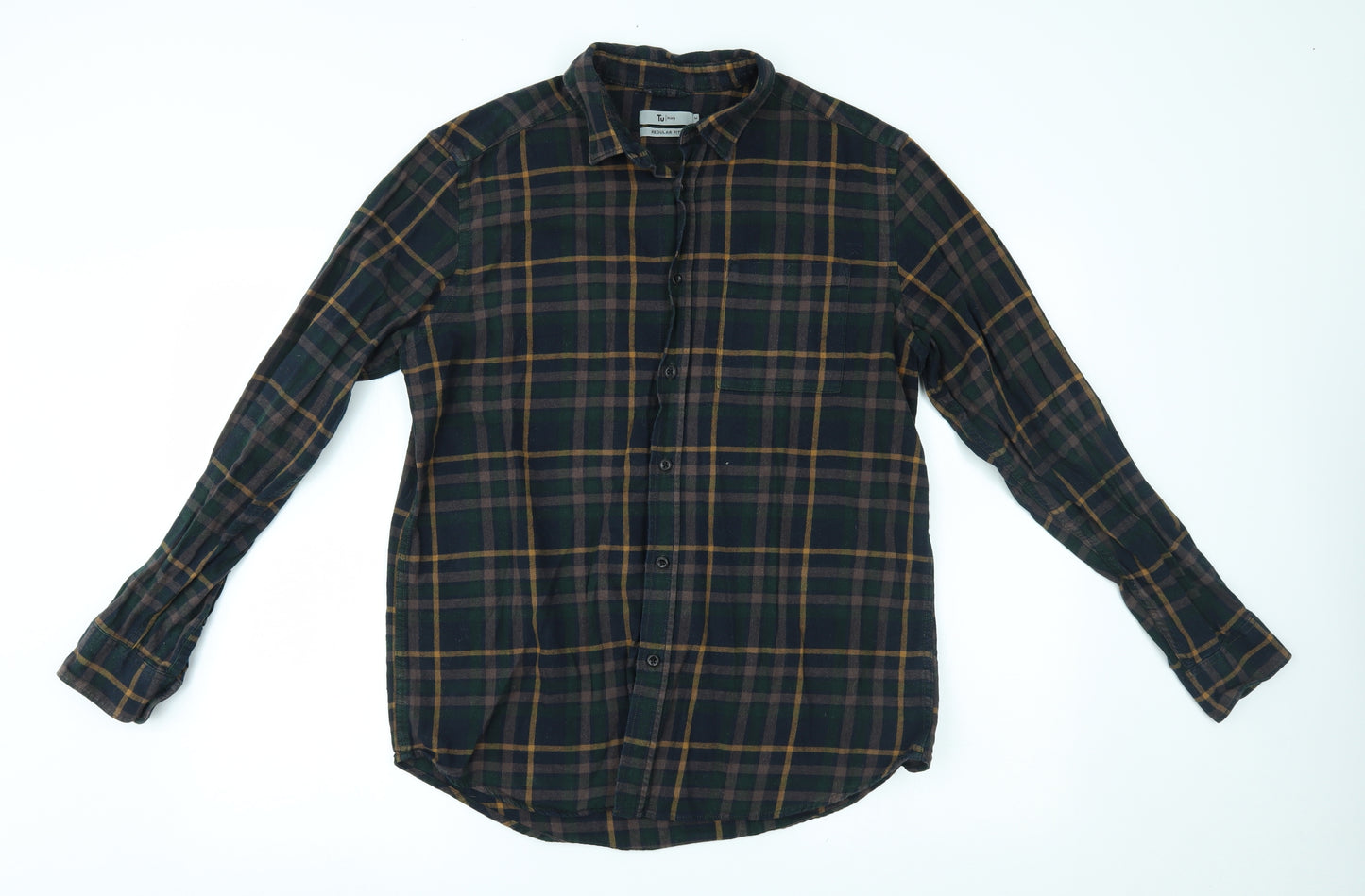 TU Mens Green Plaid   Button-Up Size M