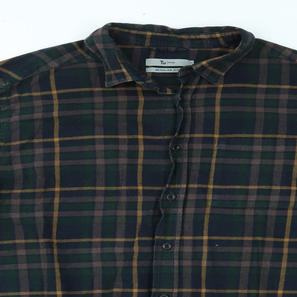 TU Mens Green Plaid   Button-Up Size M