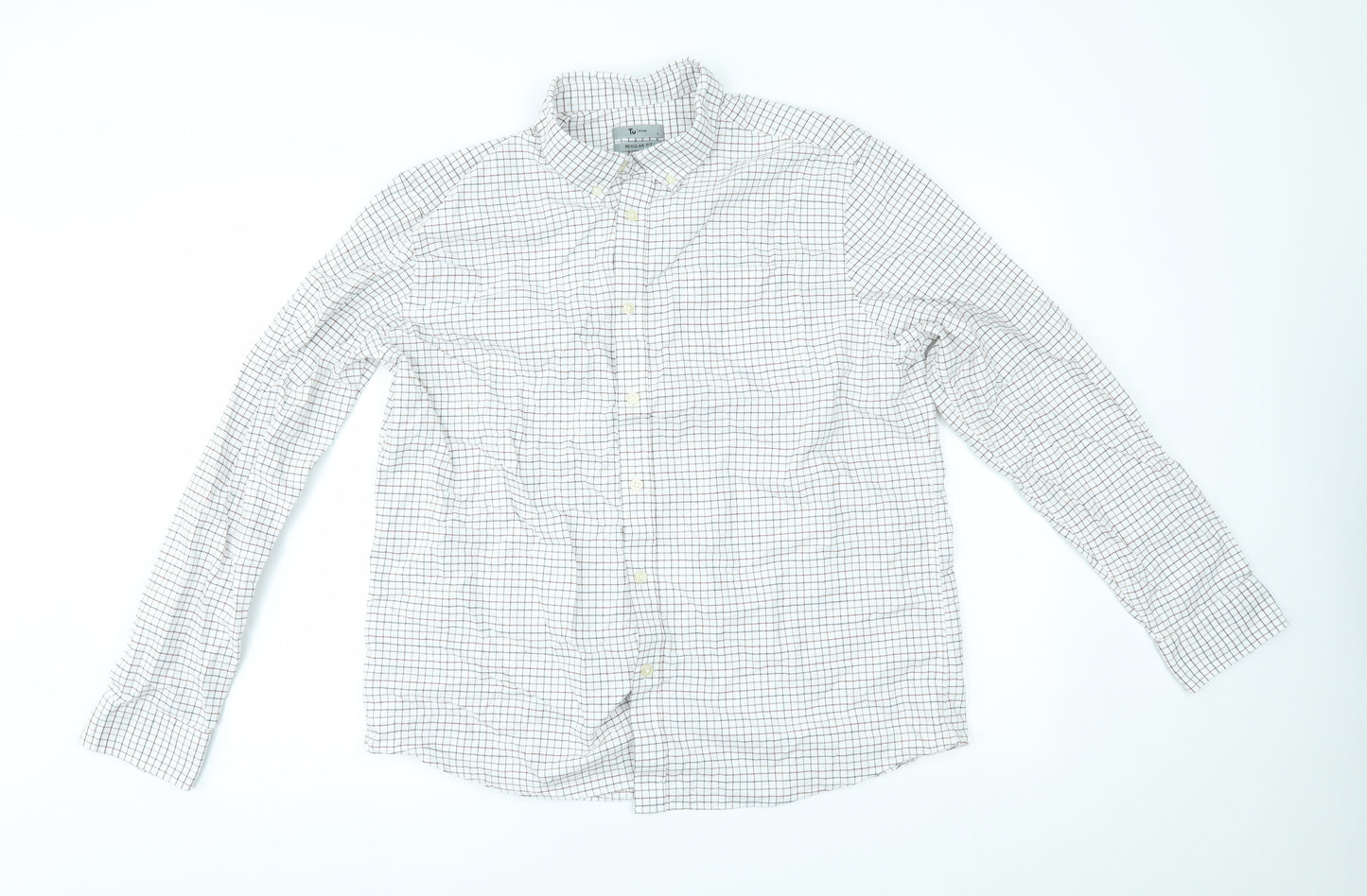 TU Mens White Check   Button-Up Size L