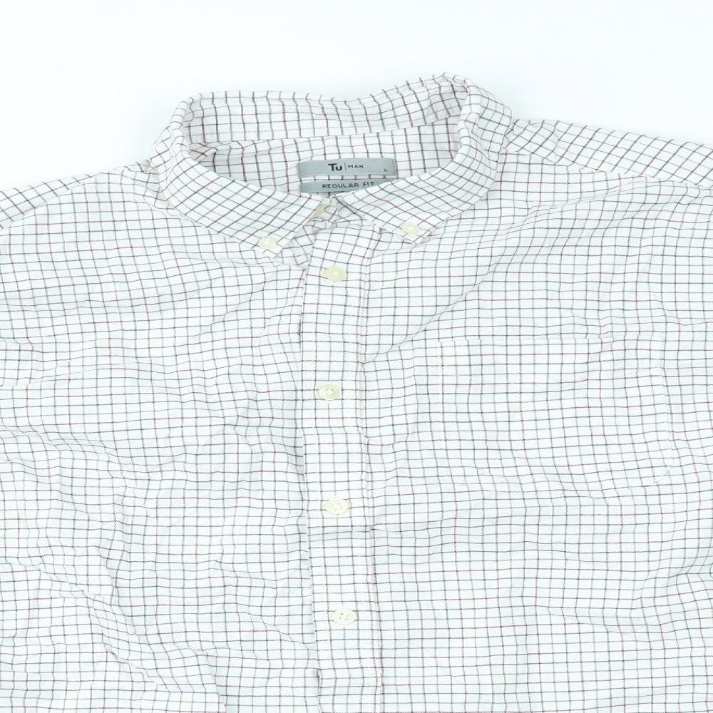 TU Mens White Check   Button-Up Size L
