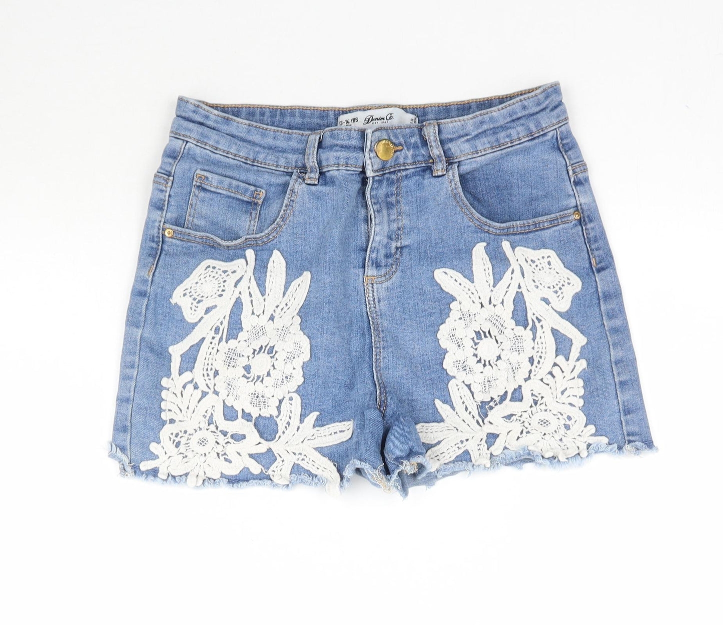 Primark Girls Blue  Denim Hot Pants Shorts Size 13-14 Years - Lace detail