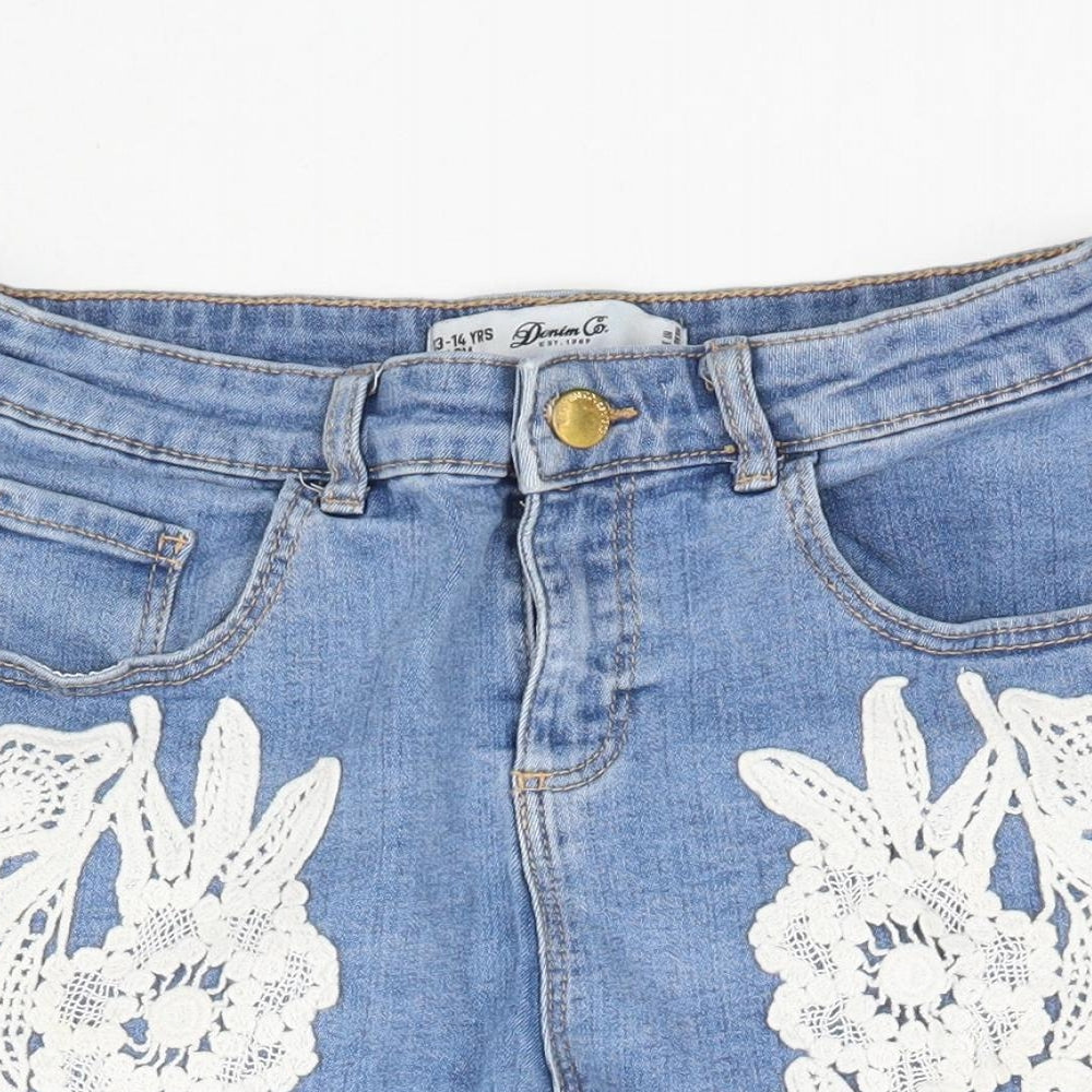 Primark Girls Blue  Denim Hot Pants Shorts Size 13-14 Years - Lace detail