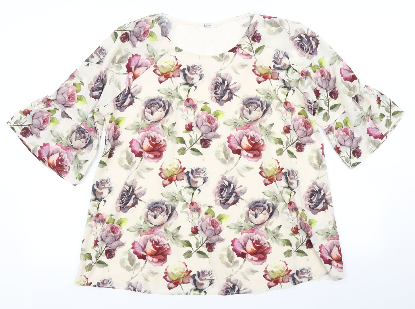 TU Womens Beige Floral  Basic Blouse Size 12