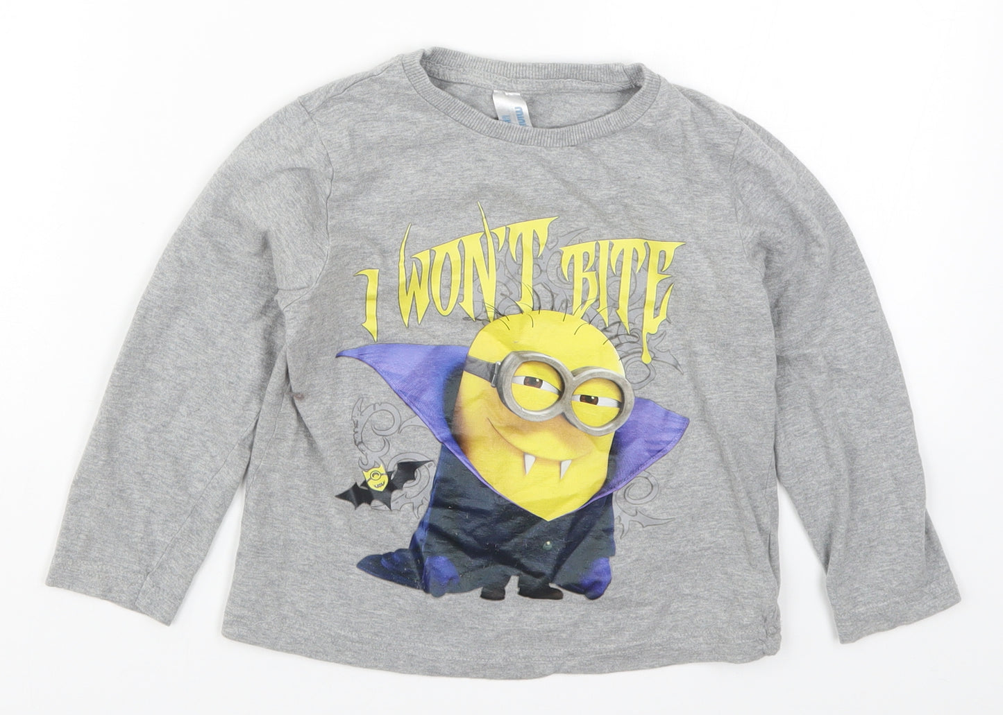 Preworn Boys Grey Solid   Pyjama Top Size 5-6 Years  - Minions I Won't Bite