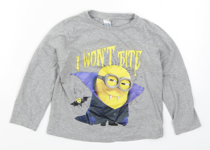 Preworn Boys Grey Solid   Pyjama Top Size 5-6 Years  - Minions I Won't Bite
