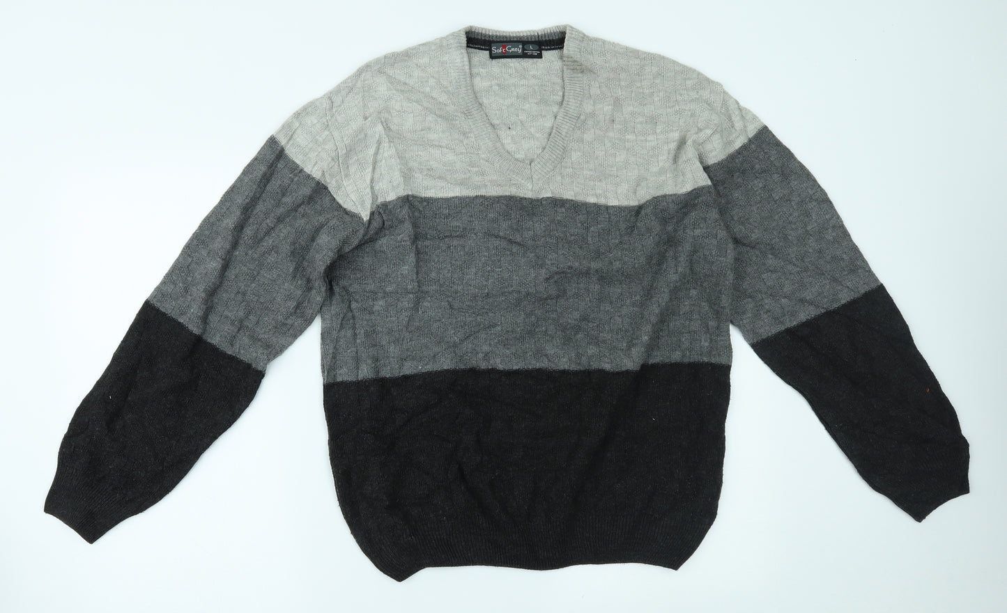 SOFT GREY Mens Grey Striped  Pullover Jumper Size L