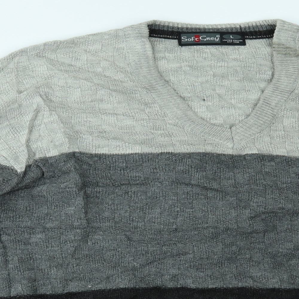 SOFT GREY Mens Grey Striped  Pullover Jumper Size L