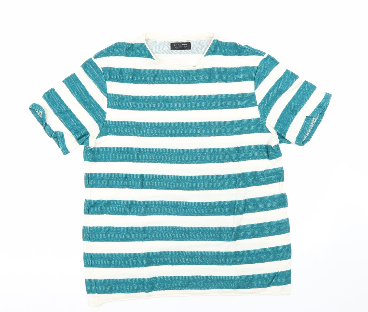 Zara Mens Green Striped   T-Shirt Size M