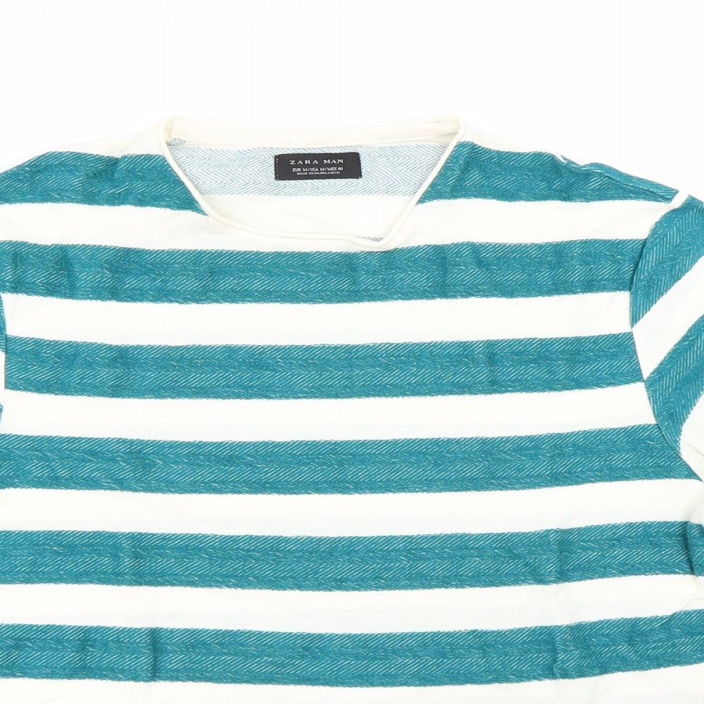 Zara Mens Green Striped   T-Shirt Size M