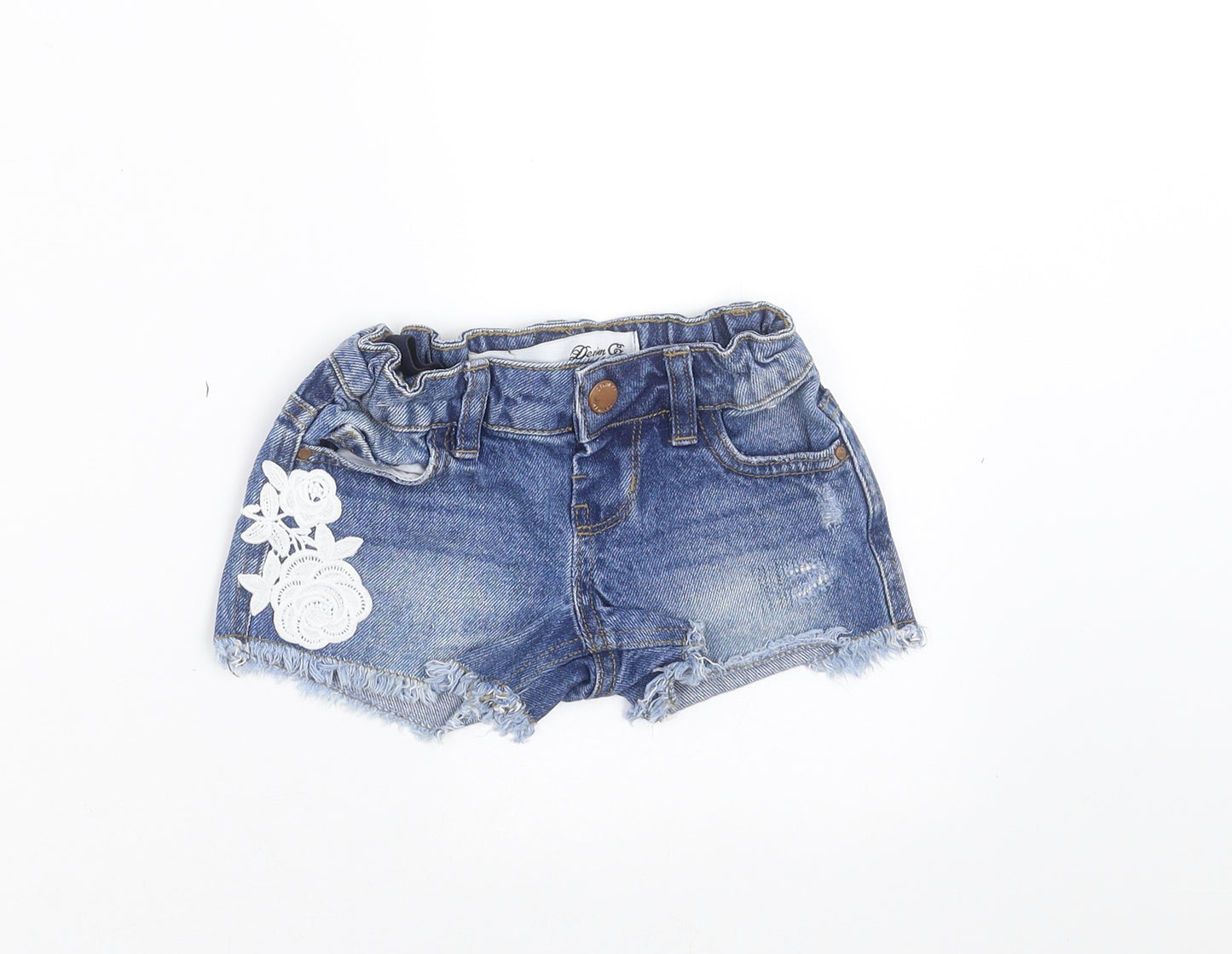 Primark Girls Blue Floral Denim Hot Pants Shorts Size 2-3 Years - Floral embroidery