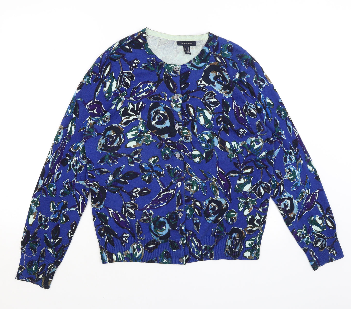 Lands End Womens Blue Floral  Cardigan Jumper Size L