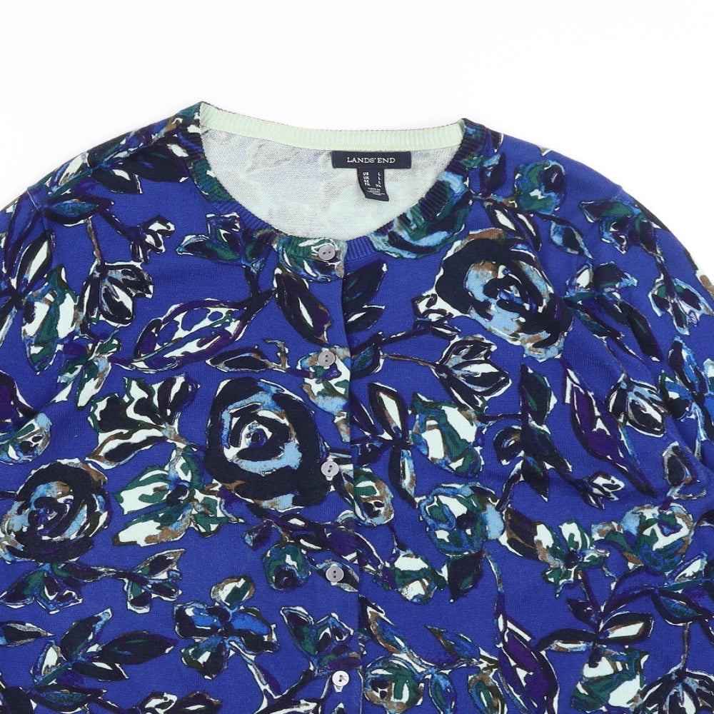 Lands End Womens Blue Floral  Cardigan Jumper Size L