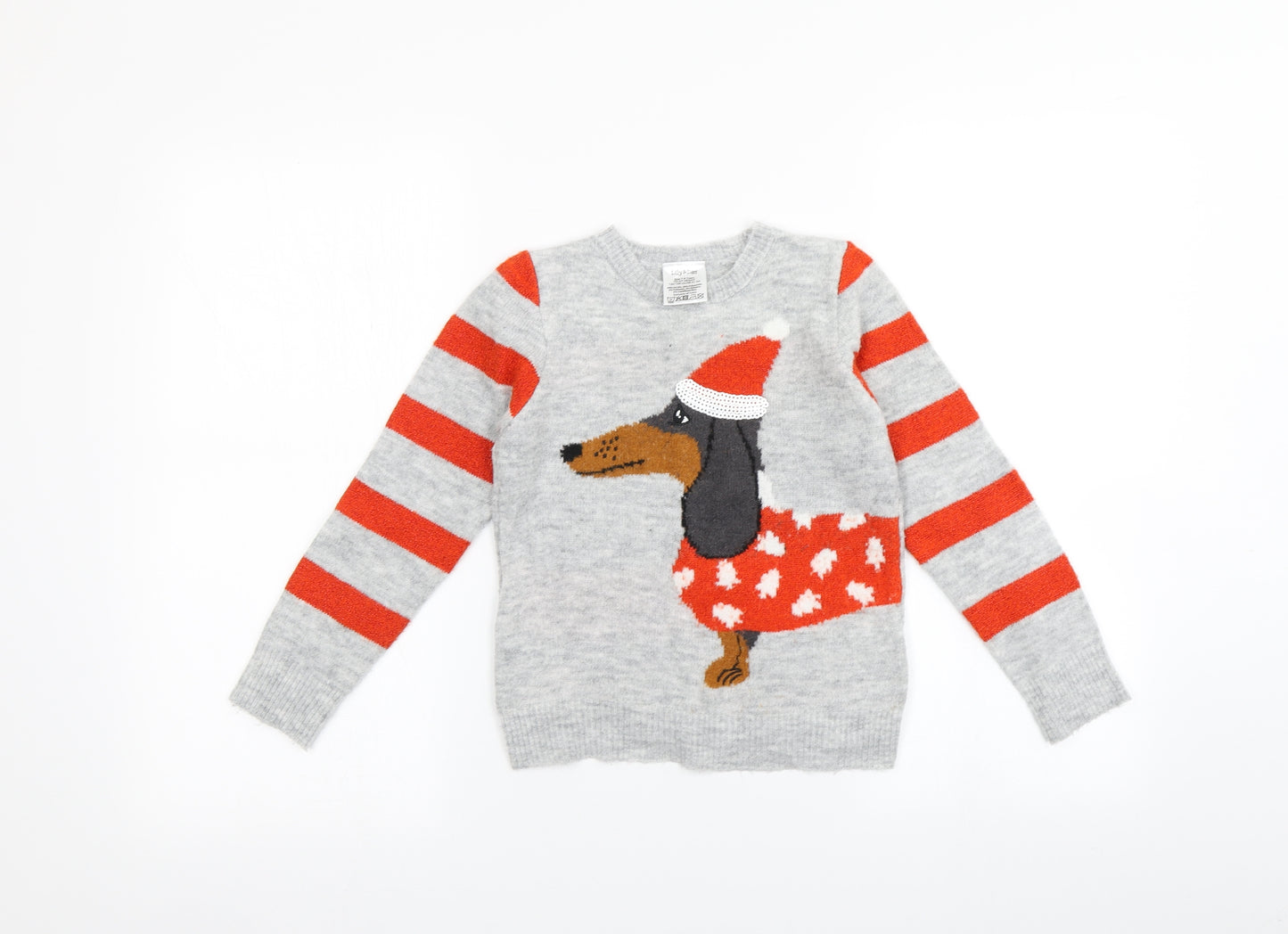 Lily and Dan Girls Grey Striped  Pullover Jumper Size 7-8 Years  - Christmas