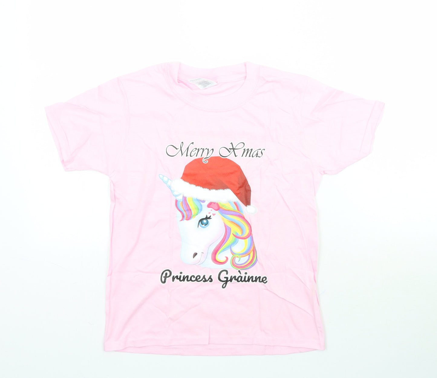 Gildan Girls Pink   Basic T-Shirt Size M  - Merry Christmas Unicorn Princess Grainne