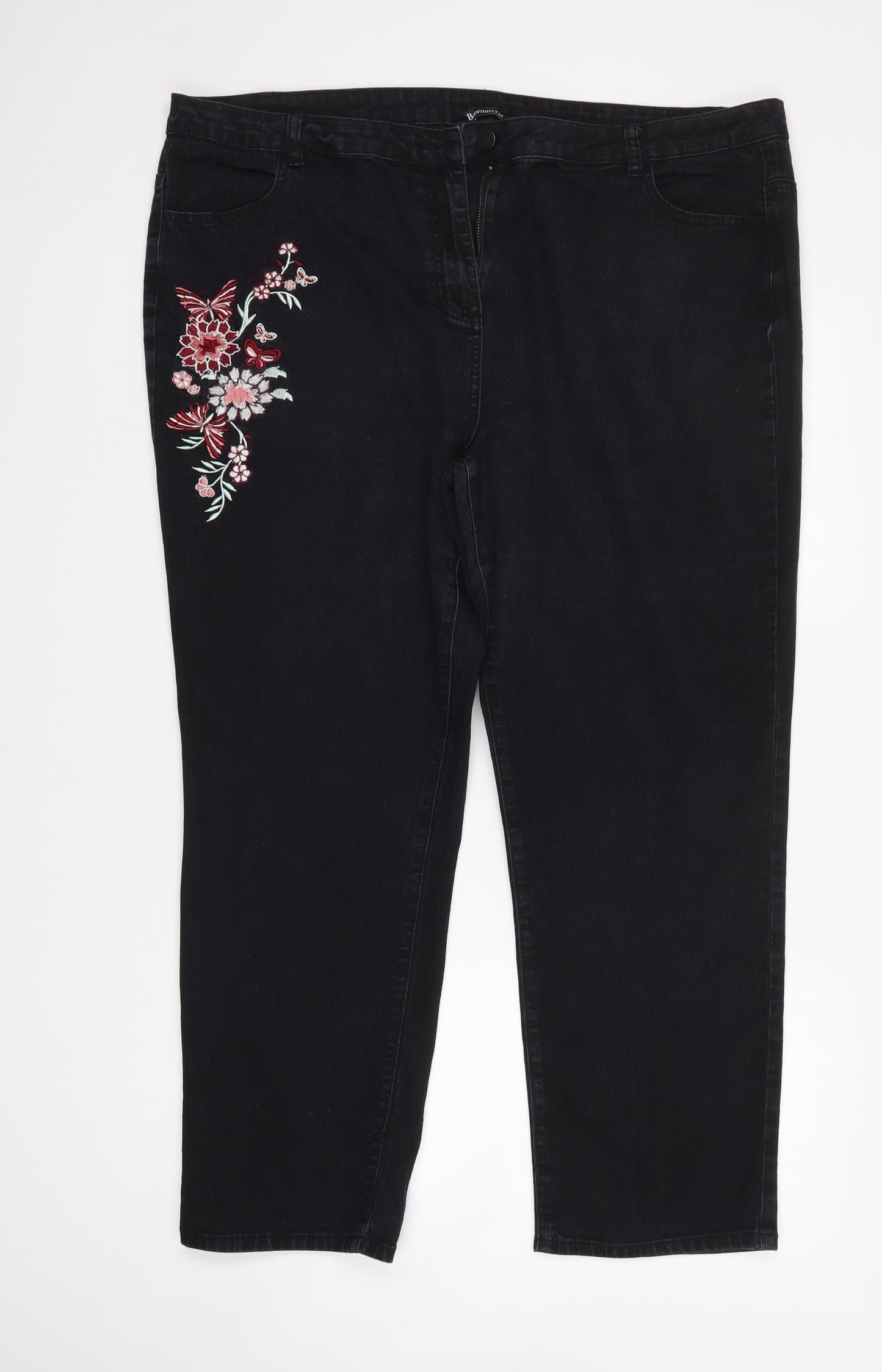 Bonmarché Womens Black Floral Denim Straight Jeans Size 22 L29 in
