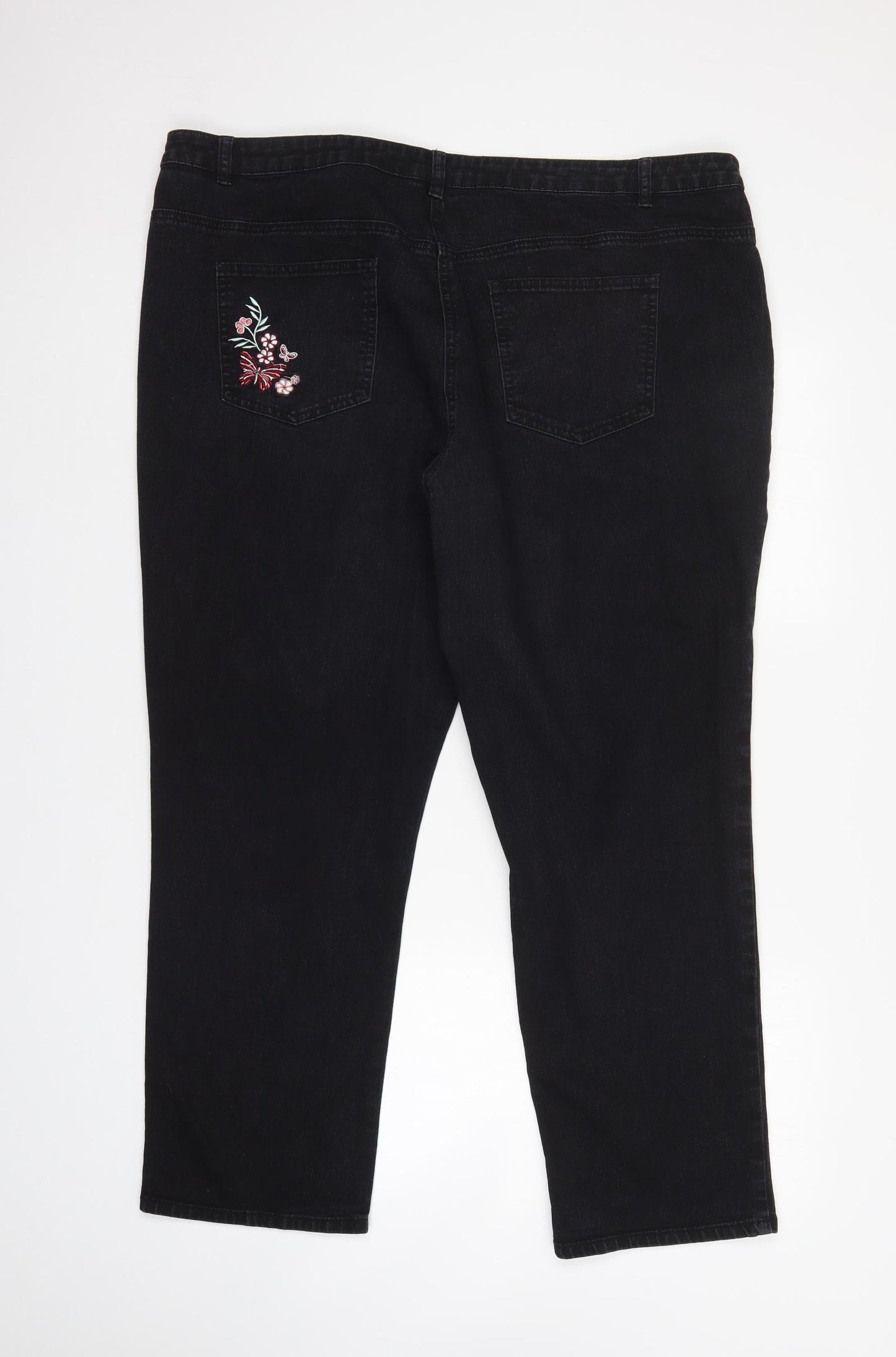 Bonmarché Womens Black Floral Denim Straight Jeans Size 22 L29 in