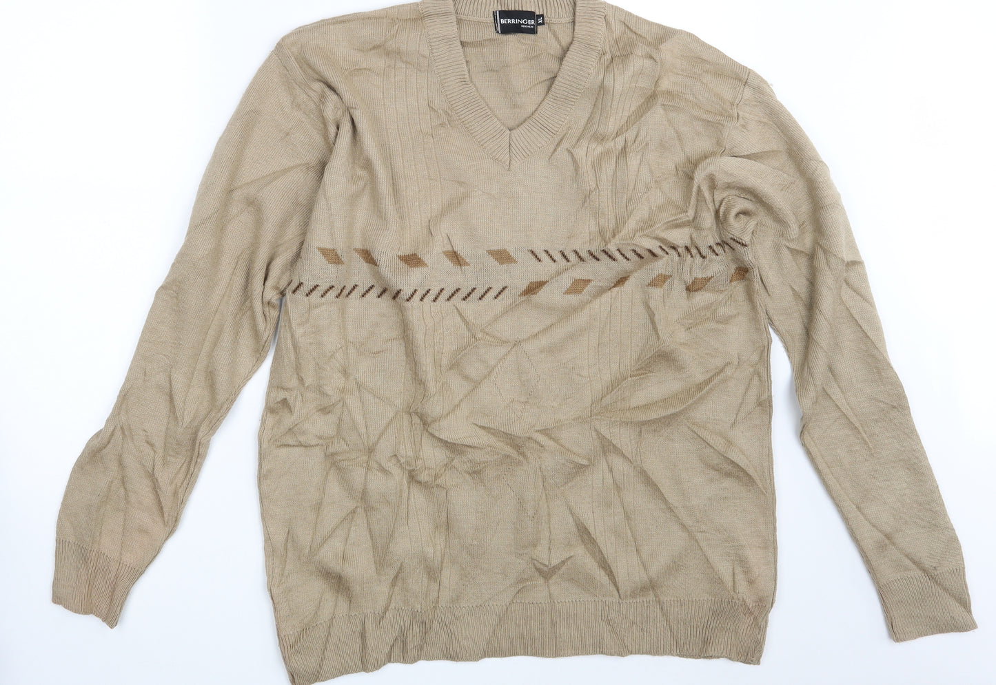 Berringer Mens Beige Geometric  Pullover Jumper Size XL