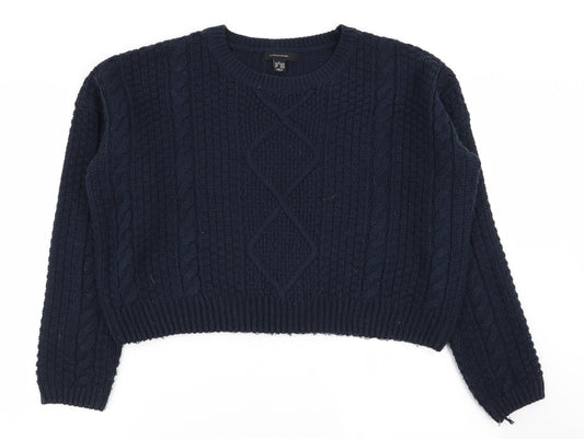 Front view of Primark women’s blue geometric jumper, size UK 14