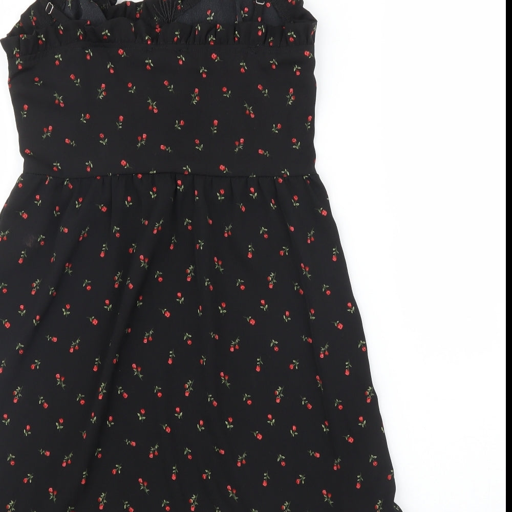 PRETTYLITTLETHING Womens Black Floral  Tunic Blouse Size 8