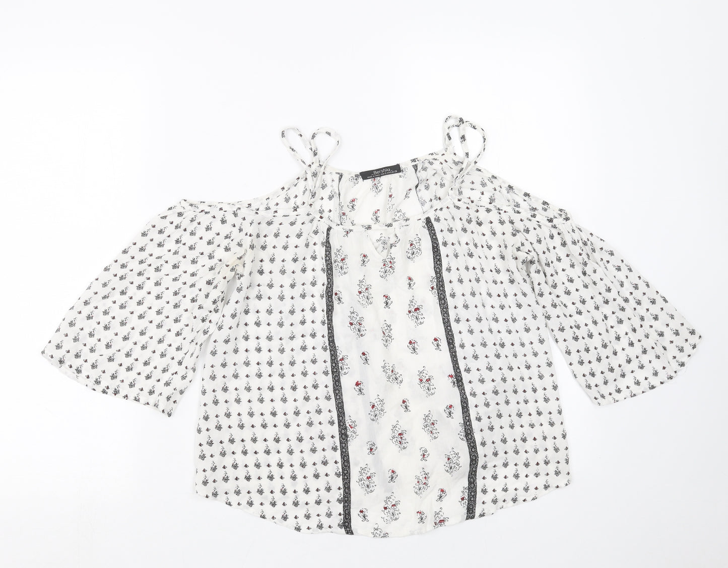 Bershka Womens White Geometric  Basic Blouse Size S  - cold Shoulder
