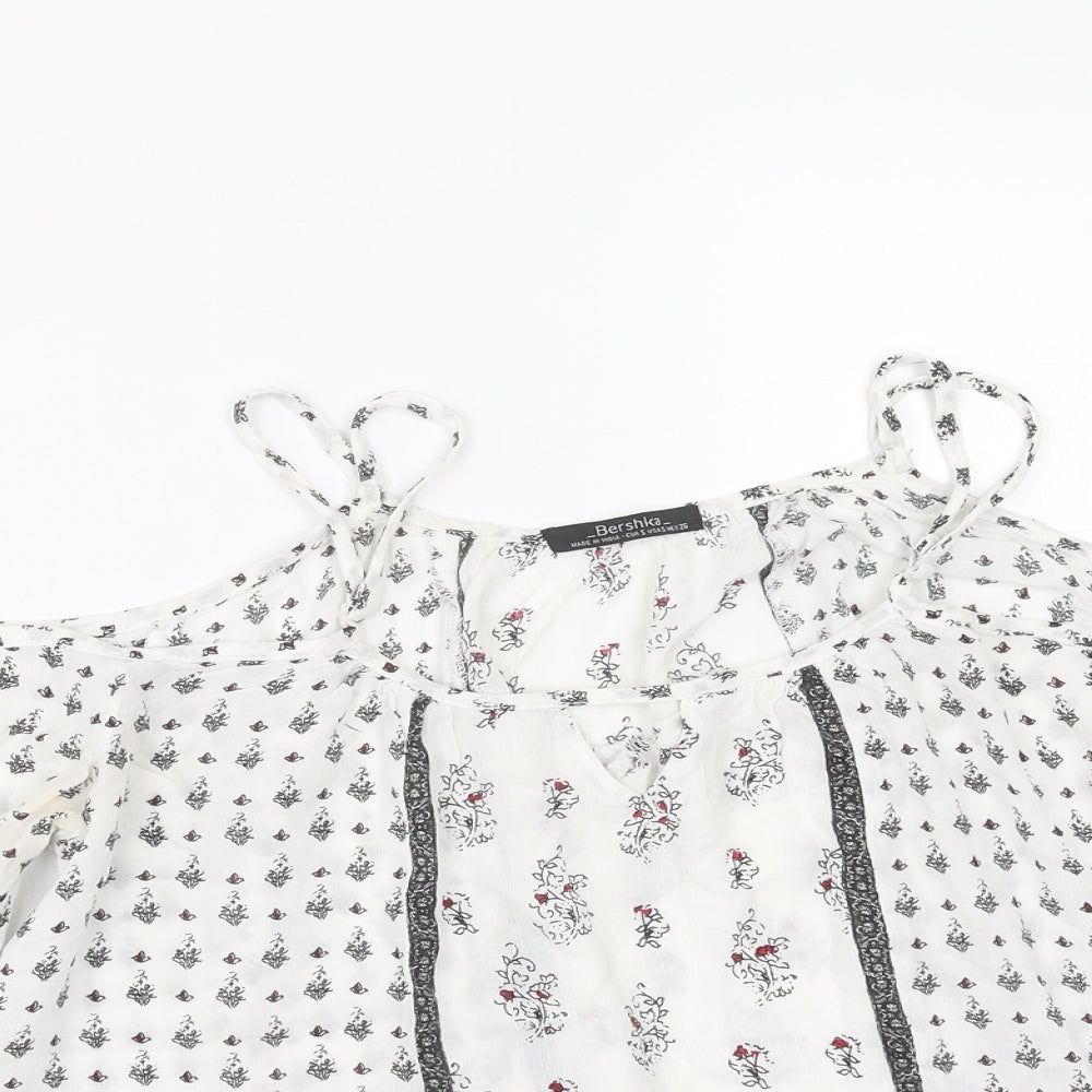 Bershka Womens White Geometric  Basic Blouse Size S  - cold Shoulder